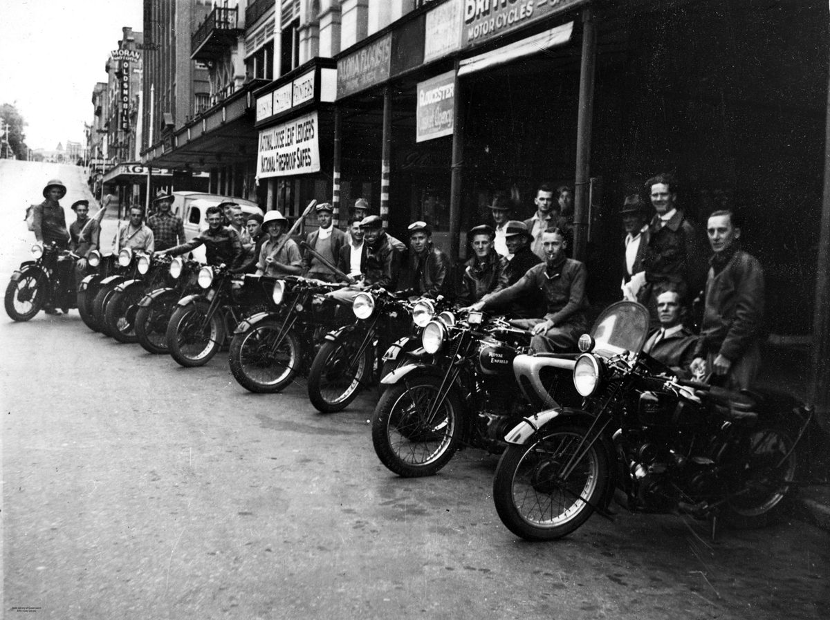 Members of the Brisbane Motorcycle Fishing Club, Adelaide Street, Brisbane, 1938, Brisbane City