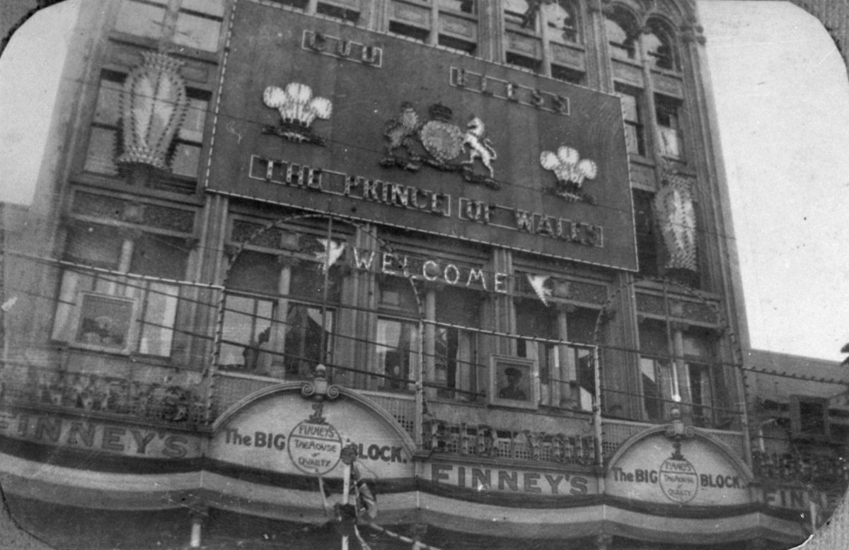 Finney's Department Store decorated for the Prince of Wales visit in Brisbane, 1920