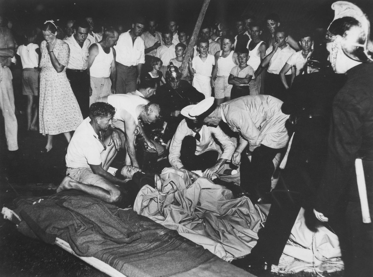 Vivian Dowling, injured in a fall at the pictures, Brisbane, 1951