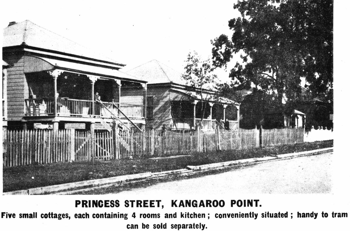 Workers' cottages along Princess Street in Kangaroo Point, Brisbane, 1910