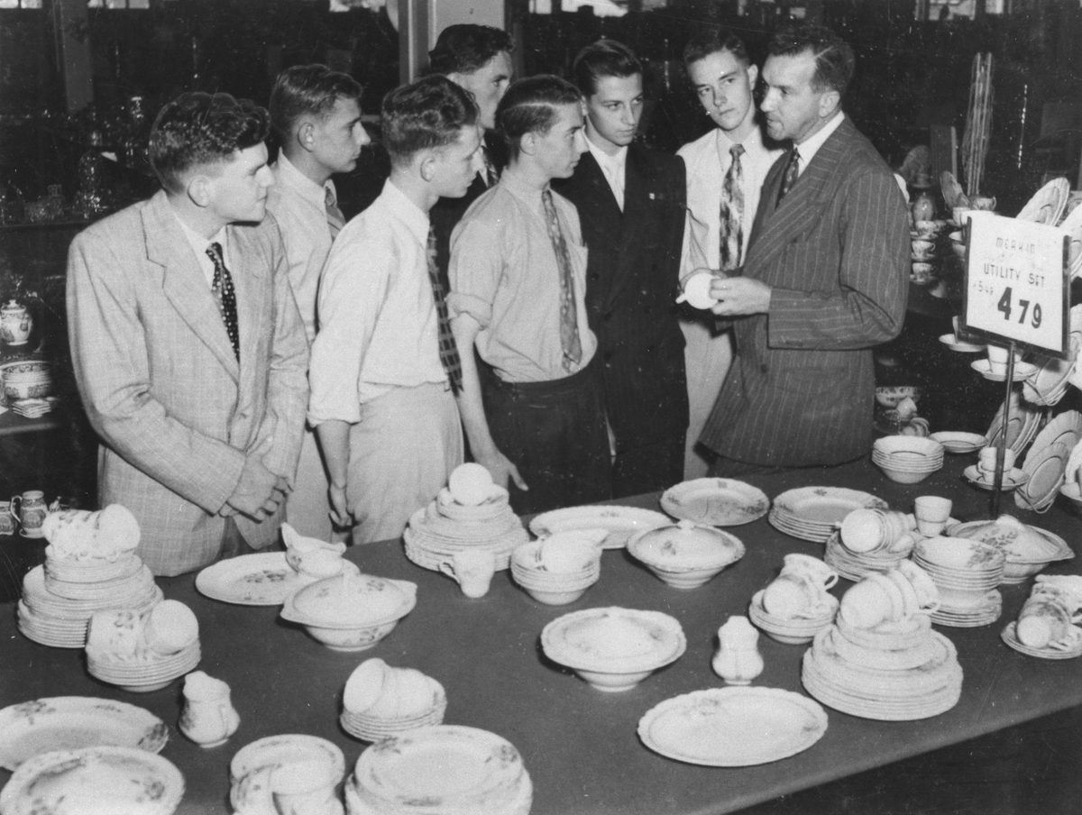 Young employees at T. C. Beirne's department store learning about the store's crockery lines, Brisbane, 1953, Fortitude Valley