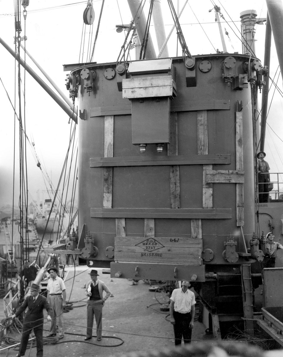 Large transformer being unloaded at Brisbane, June 1950