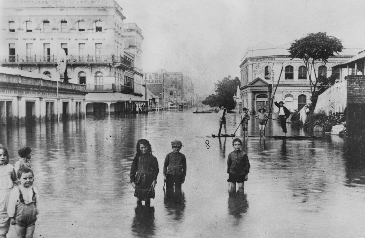 Children in the floodwaters in Adelaide Street. 1893, Brisbane City