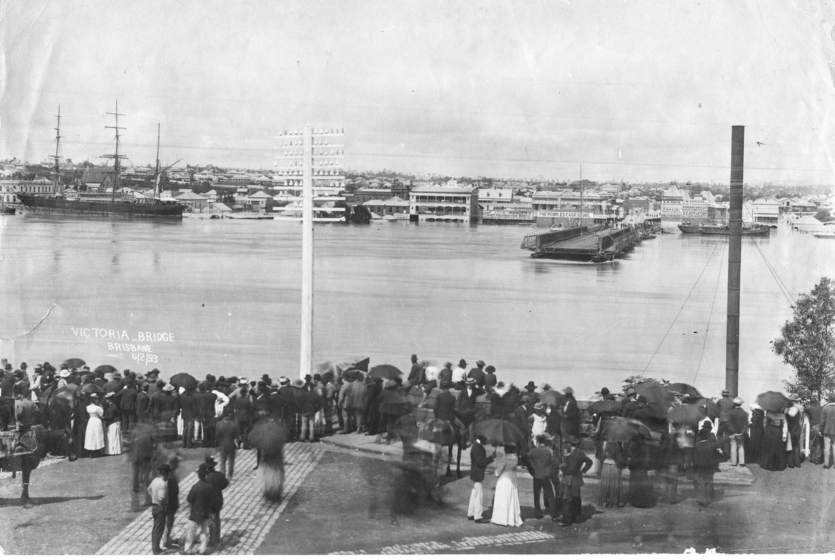 All that is left of the Victoria Bridge after floods washed a section away, Brisbane, 1893, Brisbane City