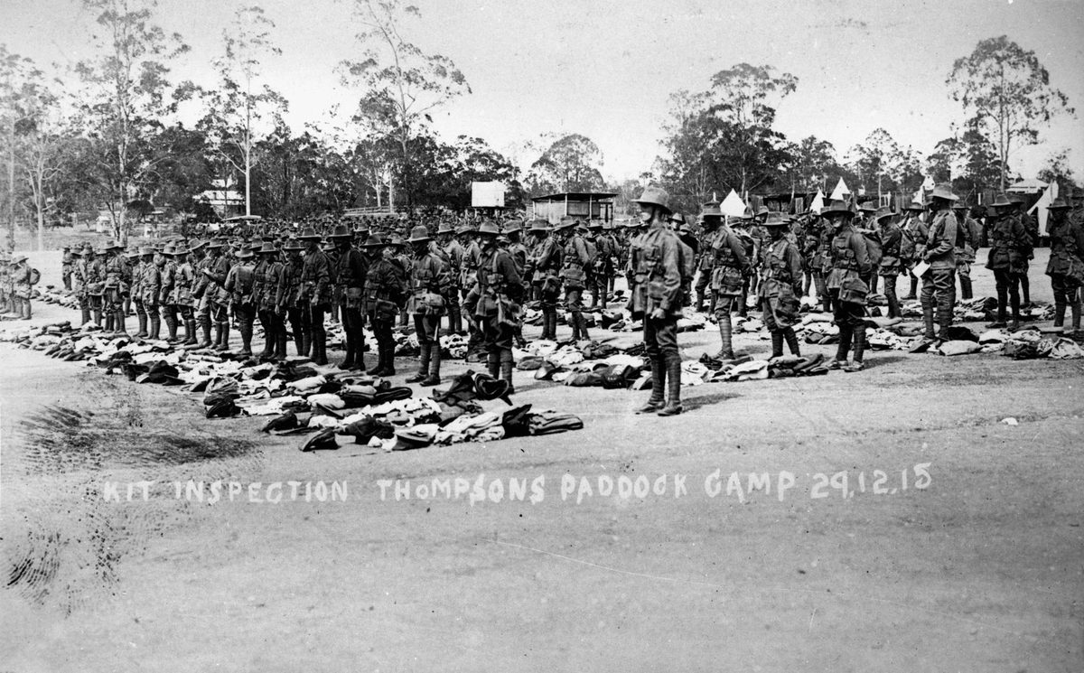Kit inspection at Thompson's Paddock Camp, December 1915, Enoggera