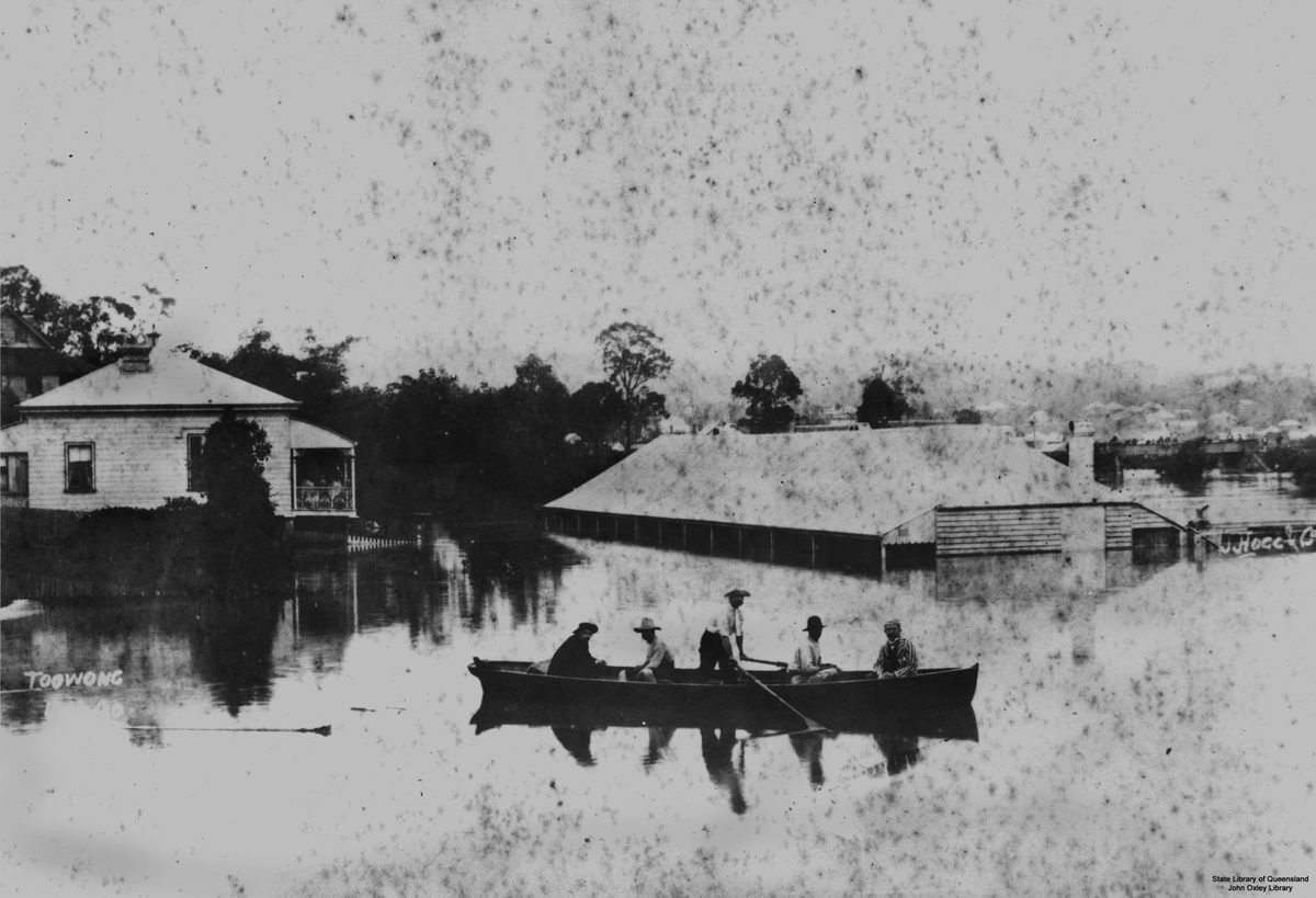 Rowing in flood waters at Toowong, 1890