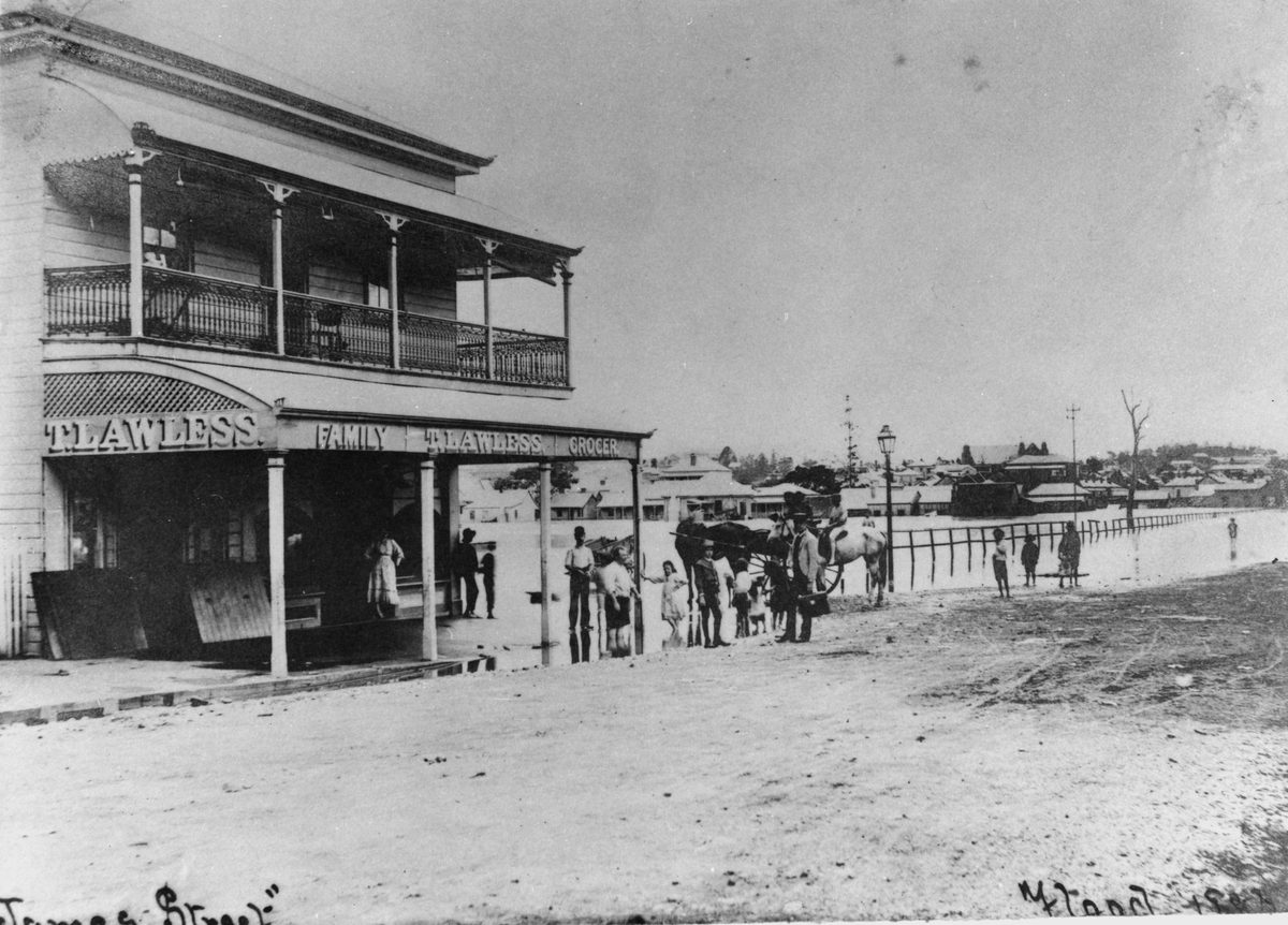 T. Lawless' grocery shop on James Street, New Farm, during the 1893 Brisbane floods