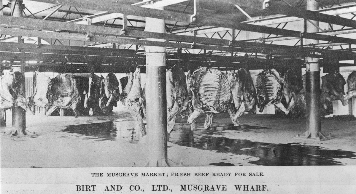 Musgrave Market with fresh meat ready for sale by Birt and Company on Musgrave Wharf, 1900, South Brisbane