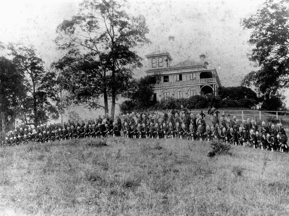 Queensland Scottish Volunteer Rifle Corps in front of Fernberg, Brisbane, 1887, Bardon