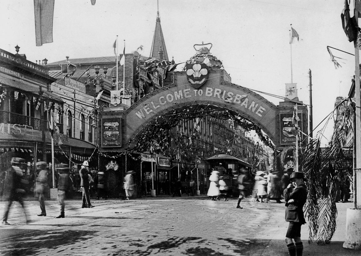 Ceremonial arch erected to welcome Edward, Prince of Wales, to Brisbane in July 1920