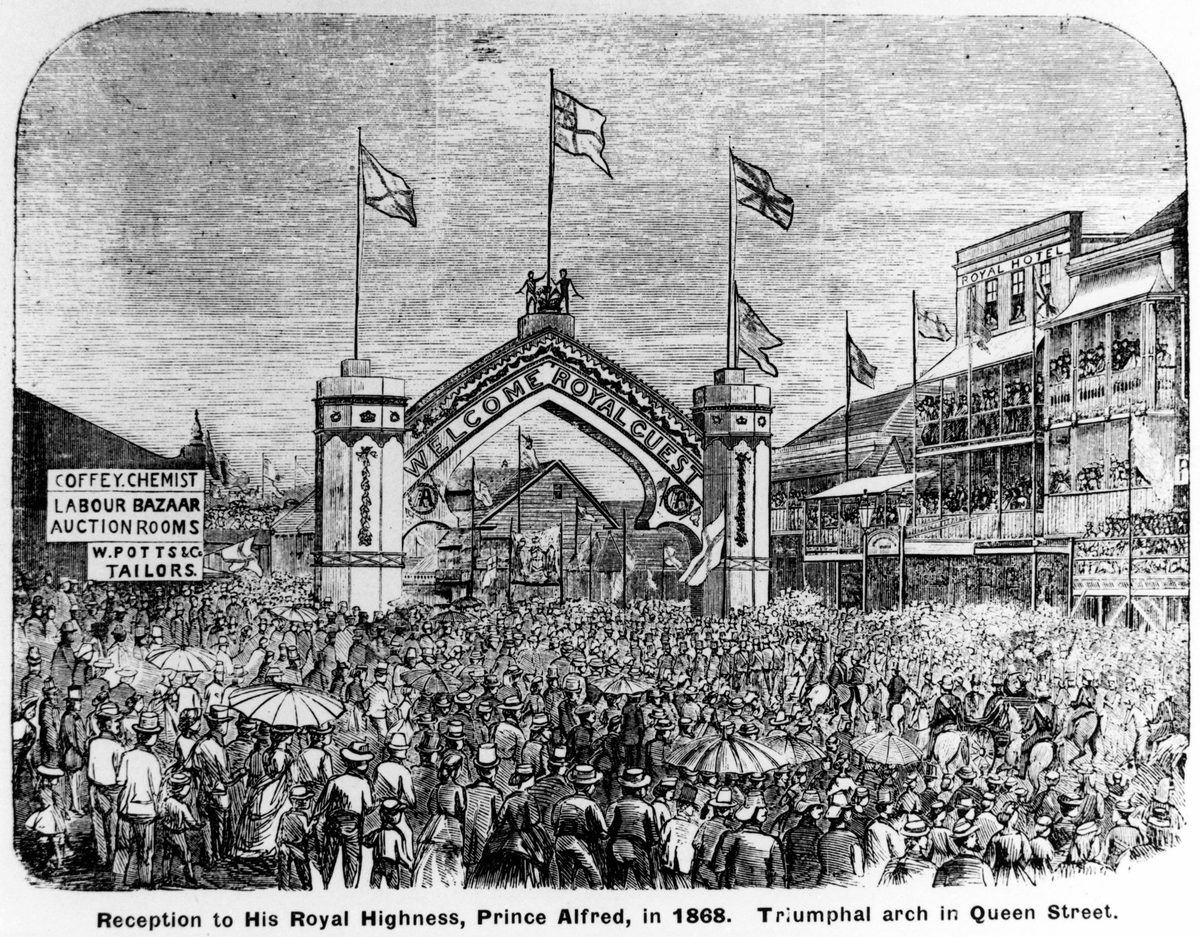 Triumphal arch in Queen Street, Brisbane, for the visit of His Royal Highness, Prince Alfred, in 1868, Brisbane City