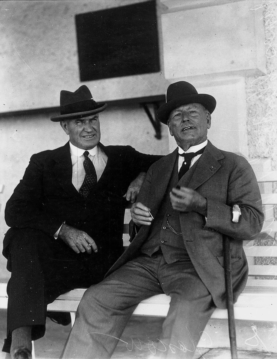 Sir William Glasgow congratulates Mr. Jas Clarke at Eagle Farm racetrack, Brisbane, March 1932