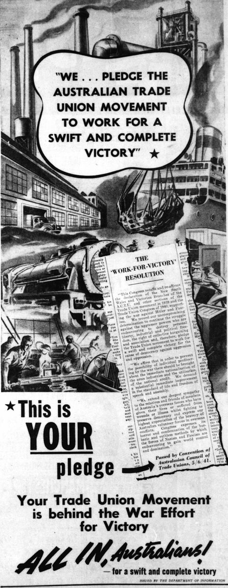 Work for Victory pledge from the Trade Union Movement, June 1941, Brisbane