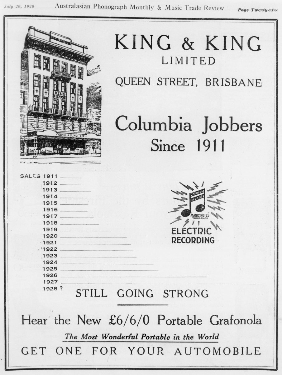 Advetisement for King & King Ltd. music shop in Queen Street, Brisbane, Brisbane City (1928)