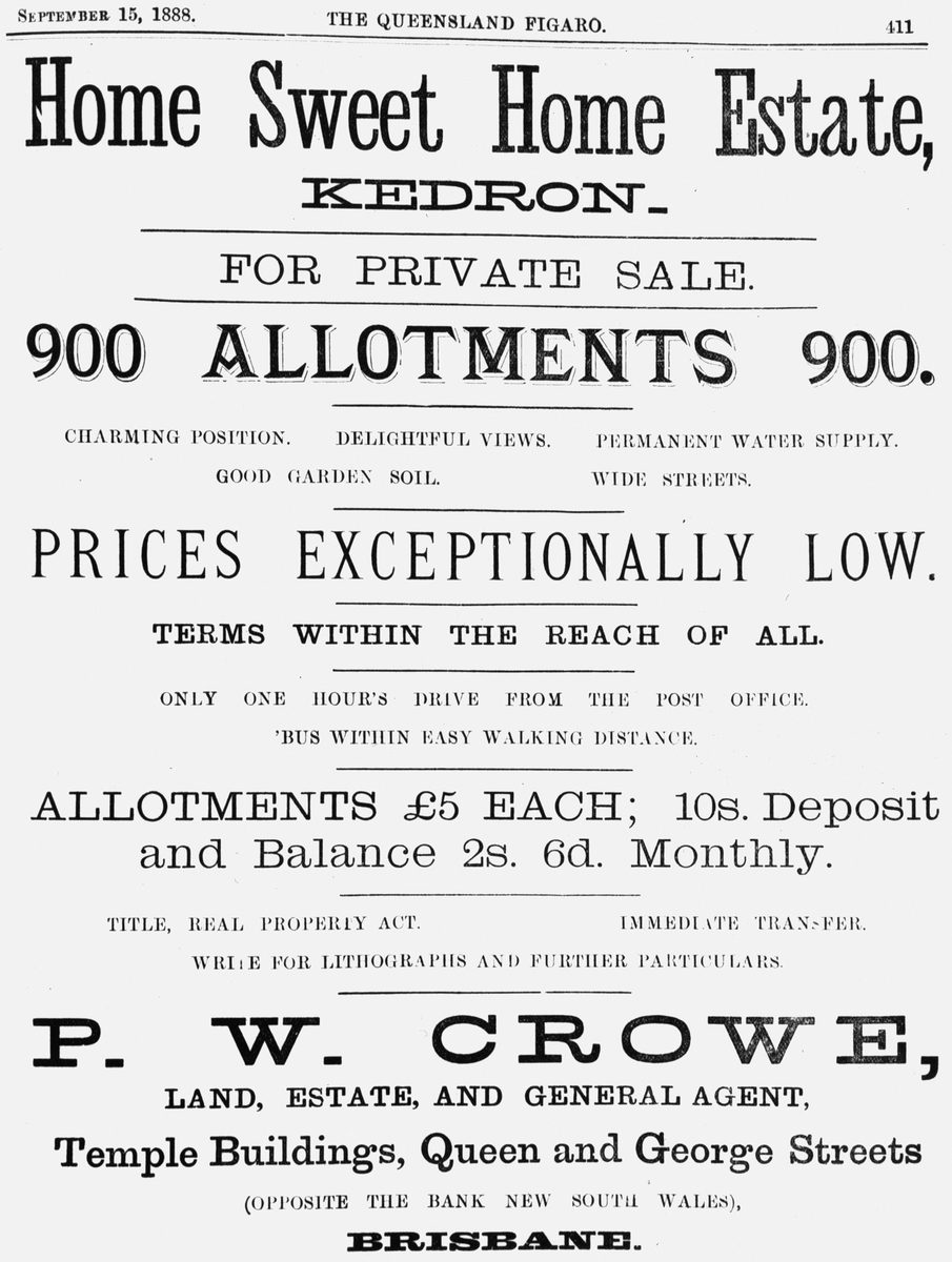 Home Sweet Home Estate Land Sale in Kedron, 1888