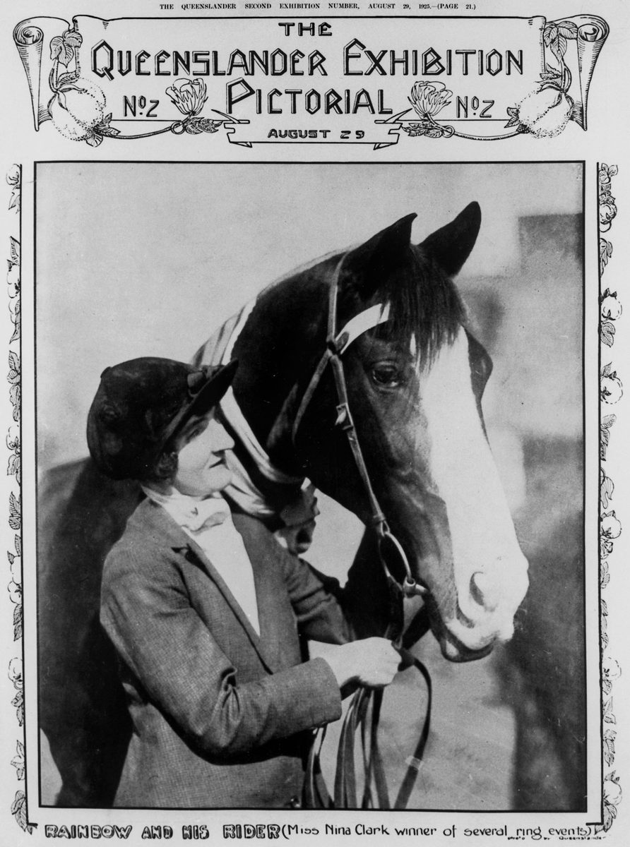 Horse, Rainbow, and his rider Miss Nina Clark, winner of several ring events at the Brisbane Exhibition, August 1925, Bowen Hills
