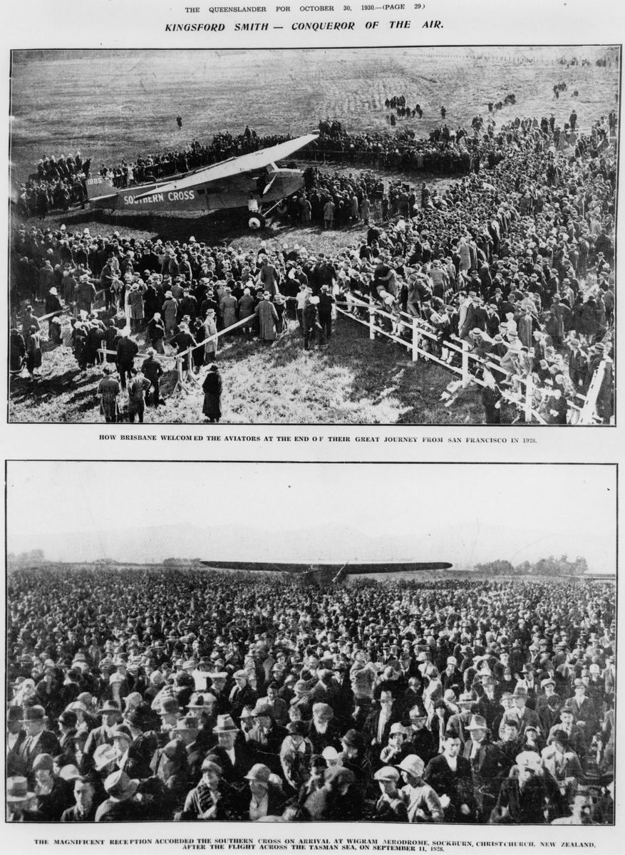 Crowd scenes at Brisbane and New Zealand, to greet Charles Kingsford Smith and his aeroplane Southern Cross, 1928