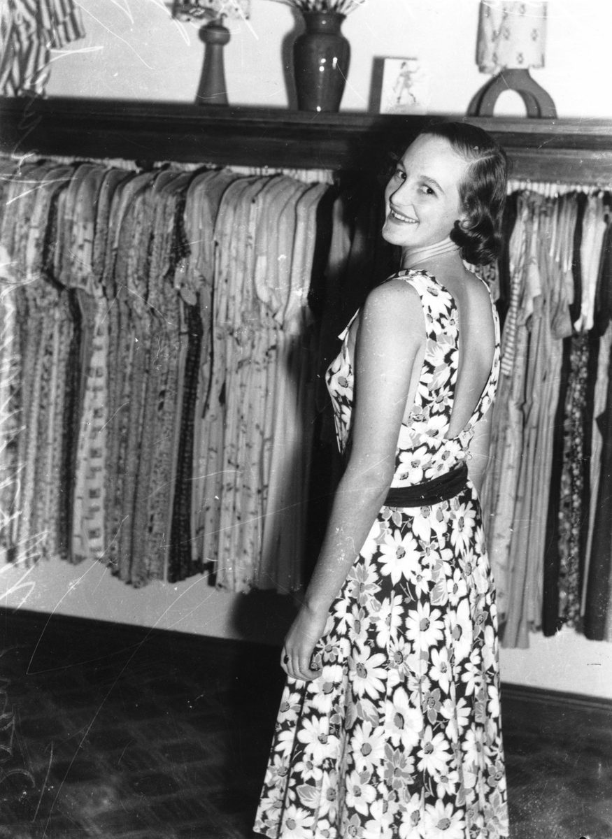 Joan Monument modelling a floral sundress, 1938, Brisbane
