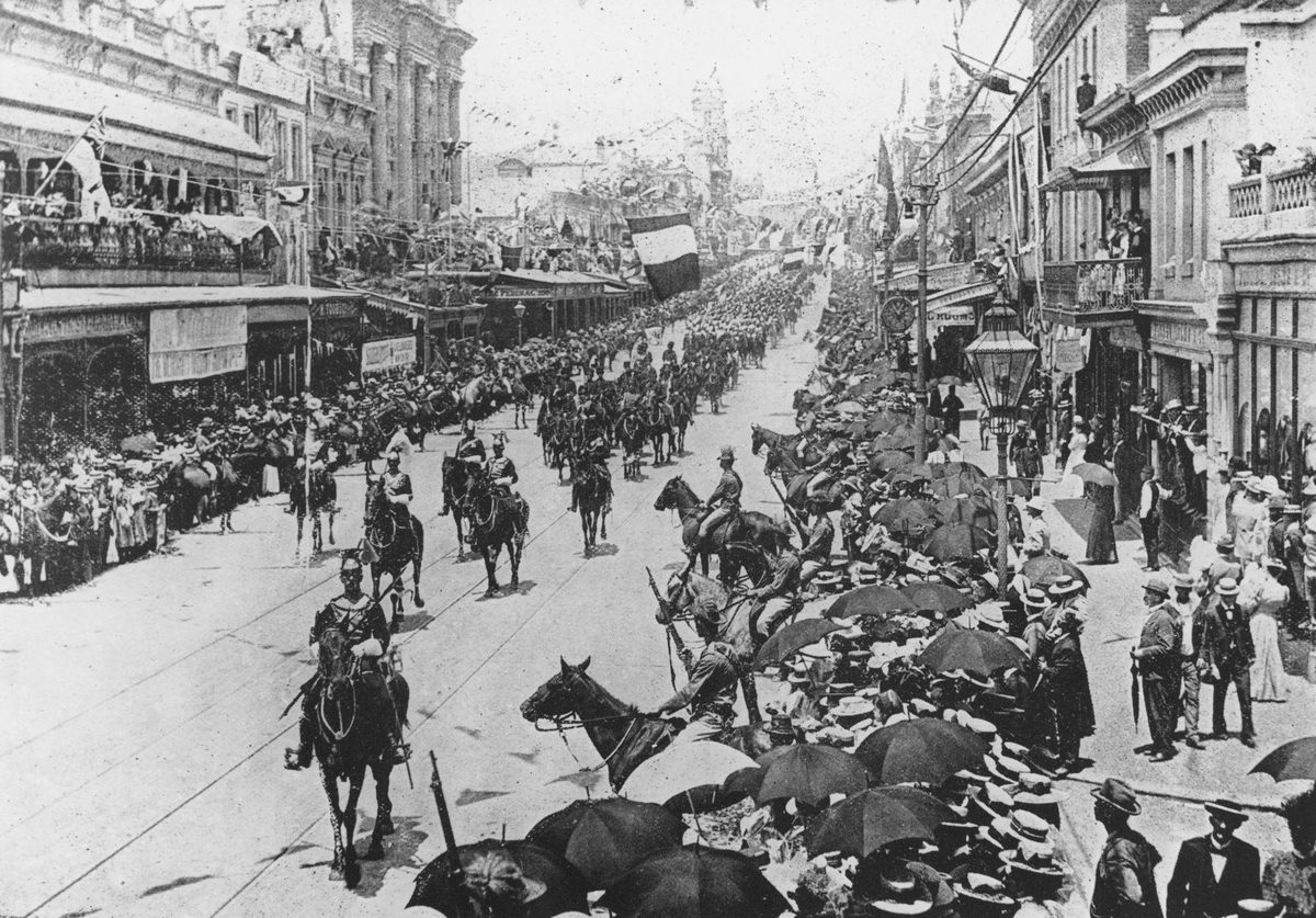 Lancers participate in a military parade during Australian Commonwealth celebrations, 1901, Brisbane