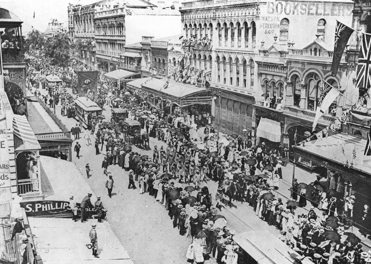 Military procession in Brisbane as part of Australian Commonwealth celebrations, 1901
