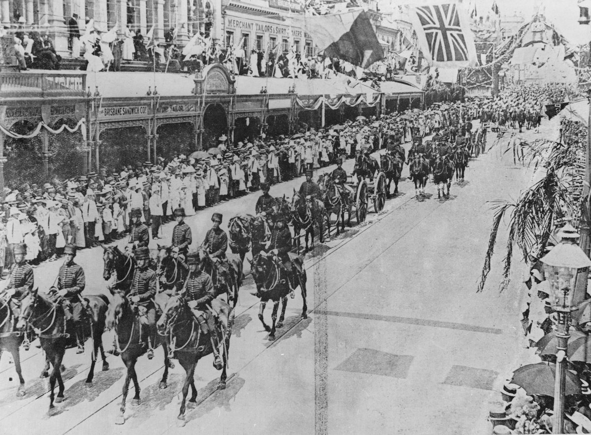 Royal Horse Artillery participate in an Australian Commonwealth celebrations parade, Brisbane, 1901