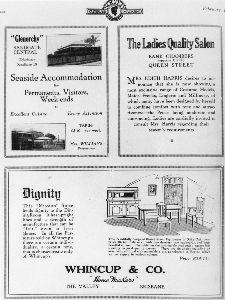 Three advertisements appearing in Queensland Society Magazine, 1923, Brisbane