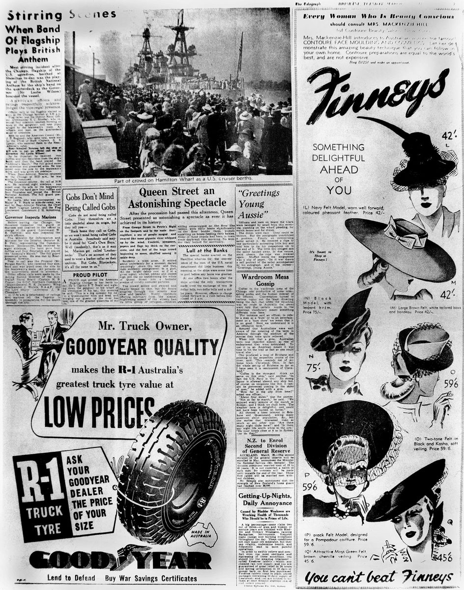 Page from The Telegraph newspaper reporting the American Naval Squadron visit to Brisbane, Queensland, 1941