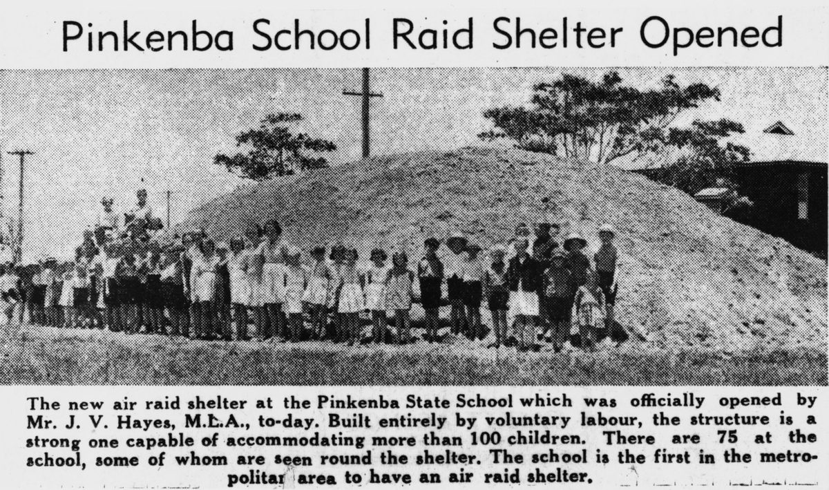 Children pictured in front of the Pinkenba School air raid shelter, December, 1940