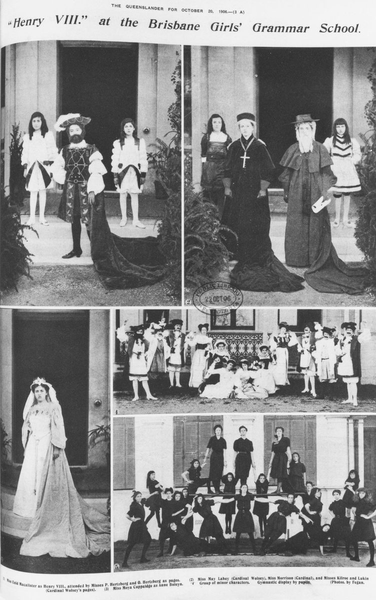 Brisbane Girls Grammar School students in costume for a dramatisation of Henry VIII, 1906, Spring Hill
