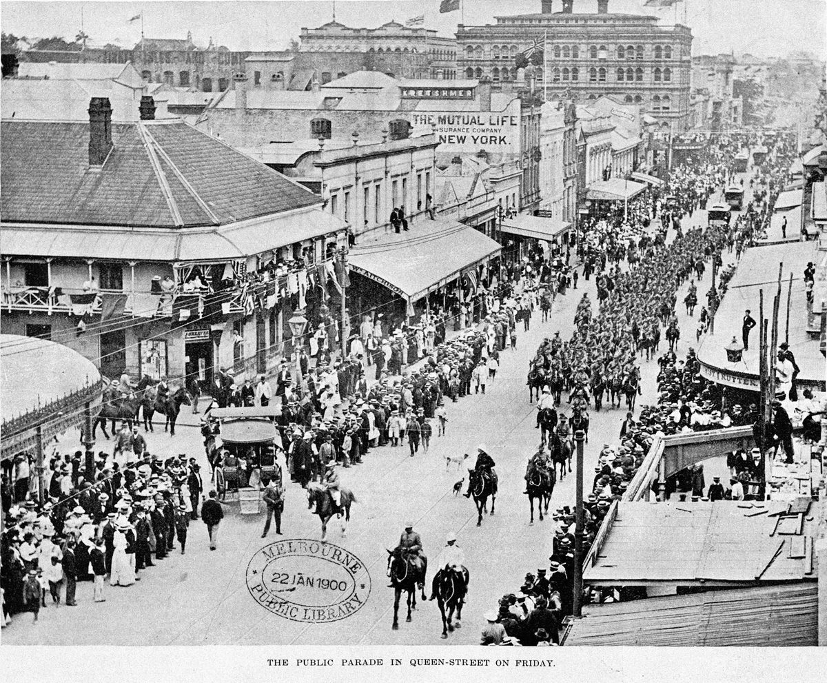 Street parade in Queen Street, Brisbane, January 1900, Brisbane City