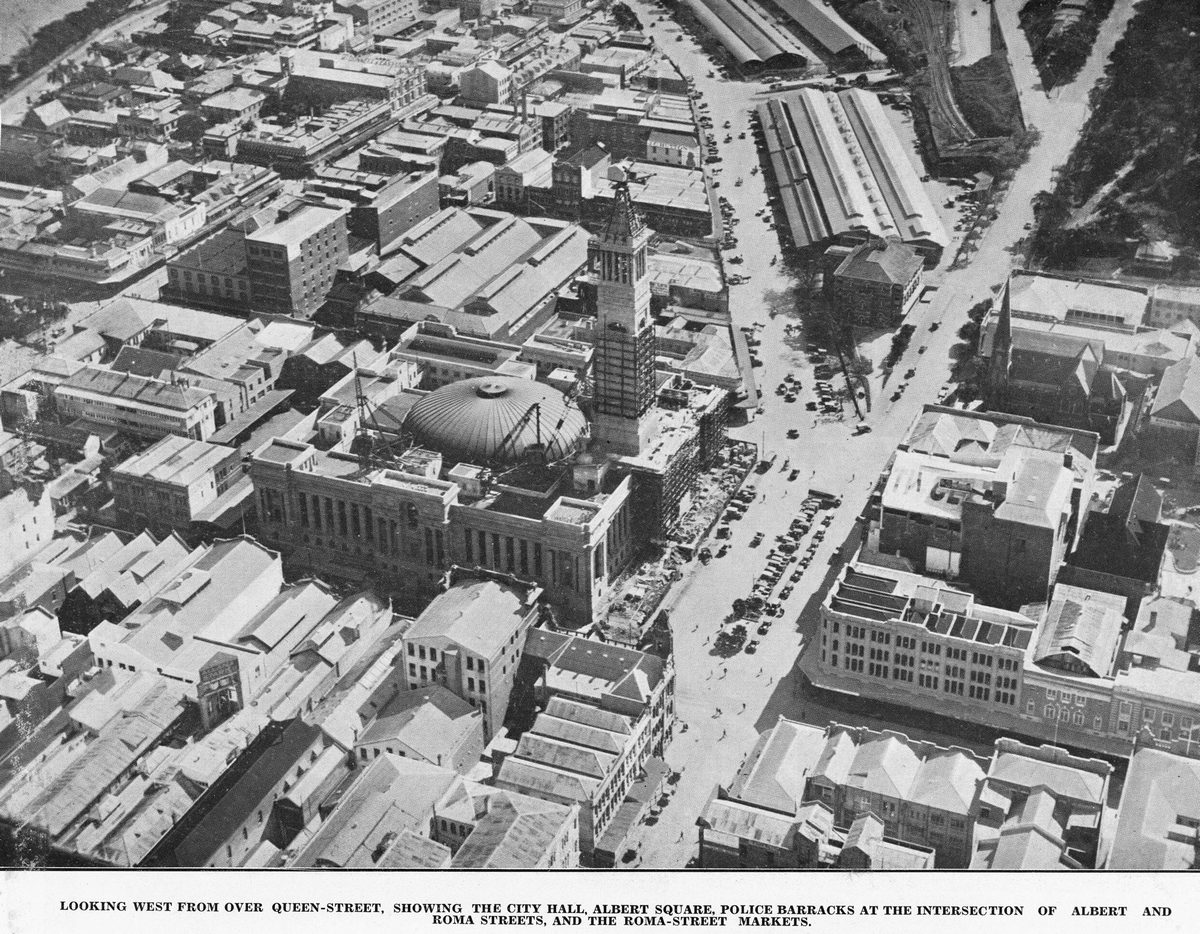 Aerial view of Brisbane city streets, 1929