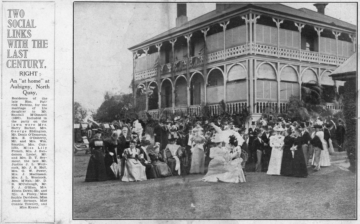 Wedding guests of Miss Perkins and Mr Randall McDonnell in the grounds of Aubigny, at North Quay, Brisbane, 1897, Brisbane City