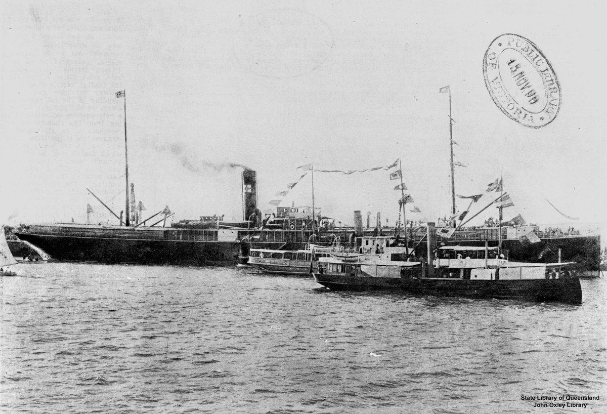 Transport ship Cornwall prior to departure at Pinkenba wharf, Brisbane, 1899