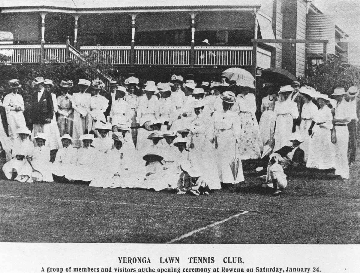 Group of members and visitors at the opening ceremony at Rowena of the Yeronga Lawn Tennis Club, 1908
