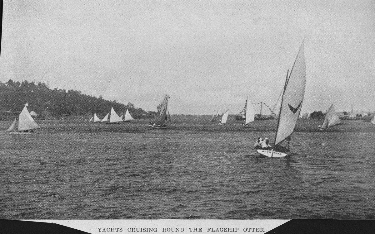 Yachts cruising around the flagship Otter. 1899, Brisbane