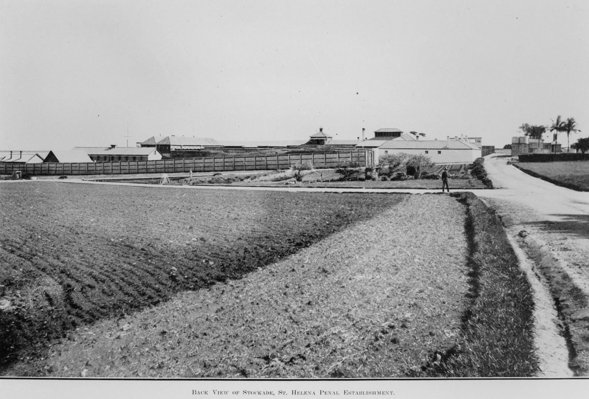 Rear view of the stockade of the St. Helena penal establishment, 1914, St Helena Island