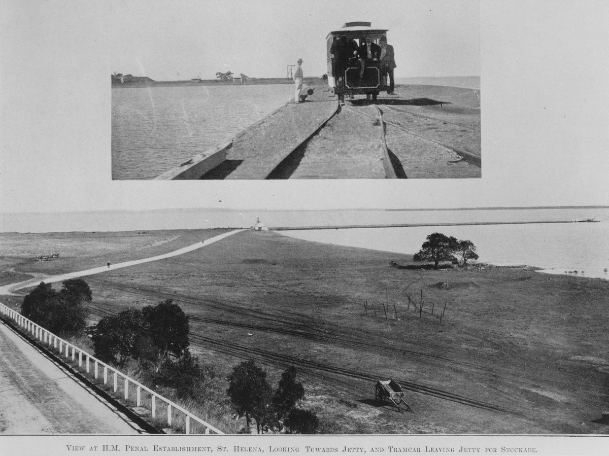 View of the jetty and tramcar on St. Helena Island, 1911, St Helena Island