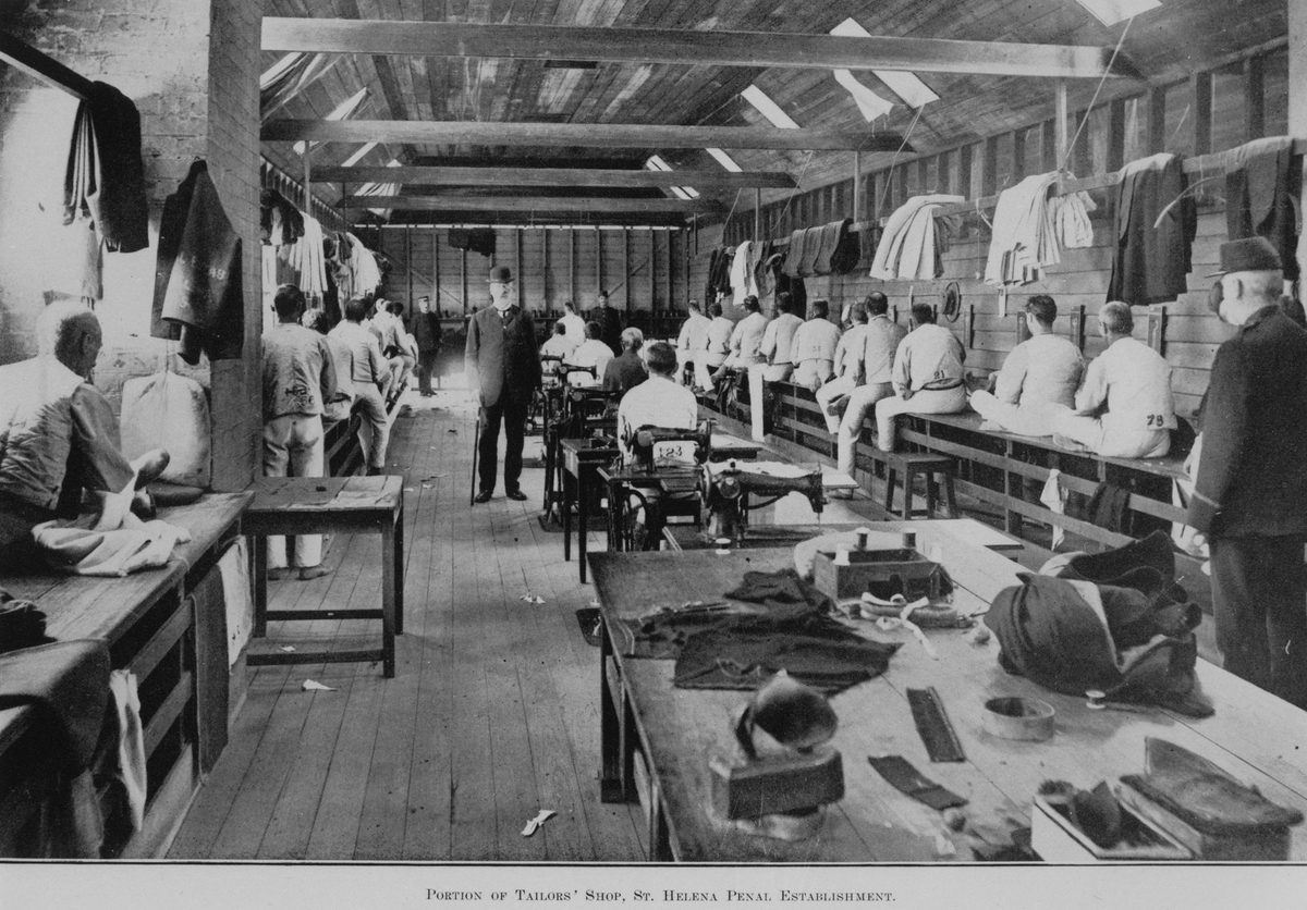 Prisoners in the tailors shop on St. Helena penal establishment, 1914