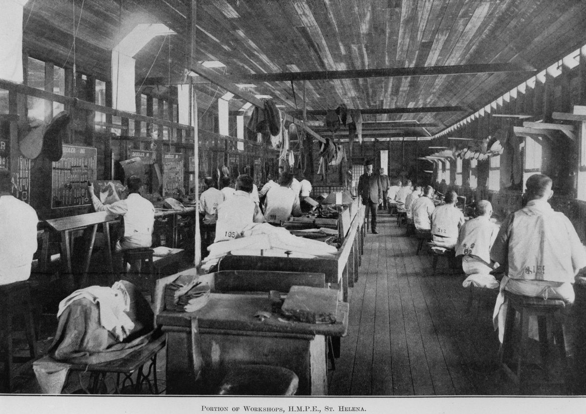 Convicts in the leather shop on St. Helena Island, 1913, St Helena Island