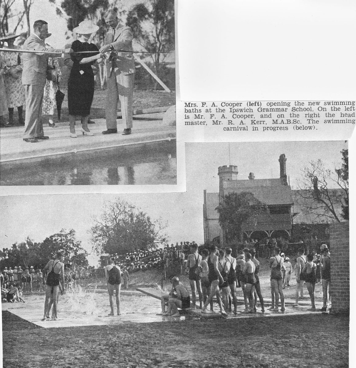 Opening of the new swimming baths at the Ipswich Grammar School; and Swimming carnival at Ipswich Grammar School, 1936