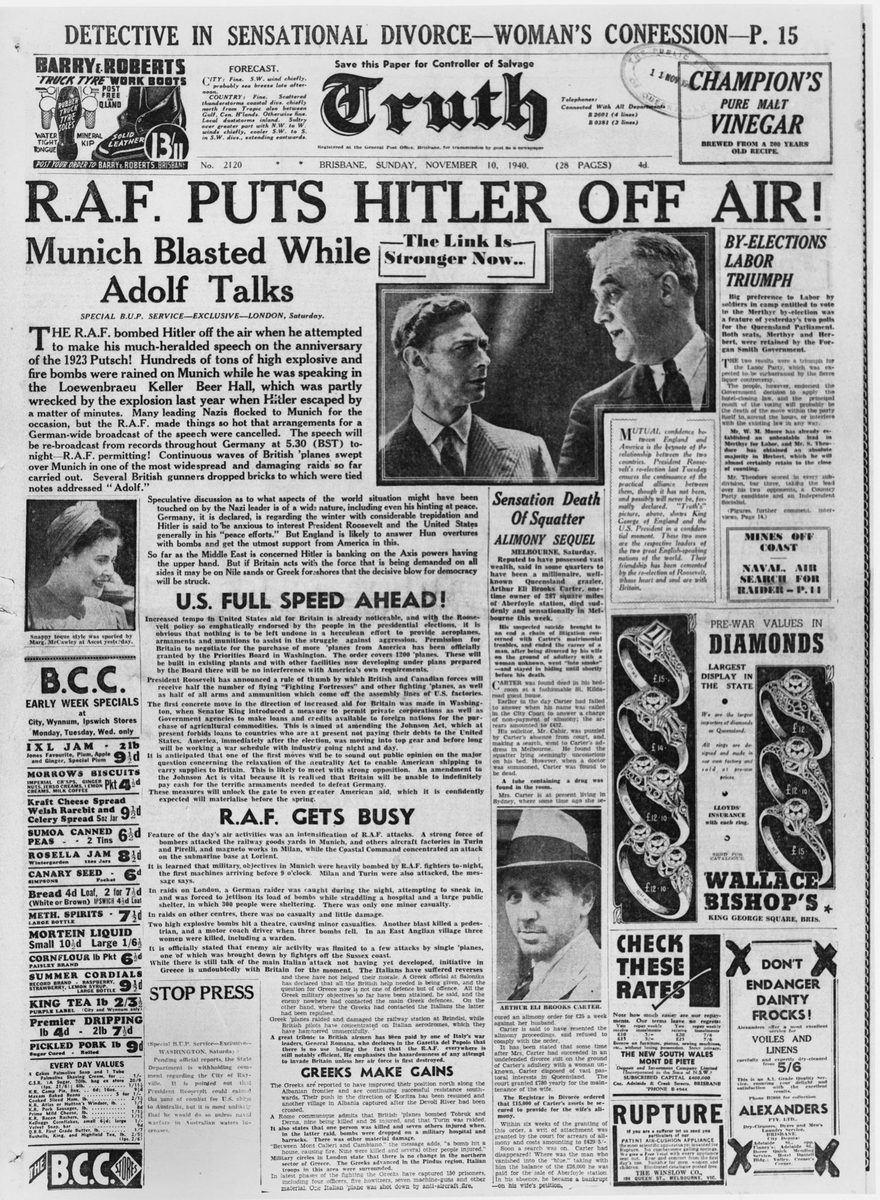 Front page of the Truth newspaper, Brisbane, Sunday 10 November 1940