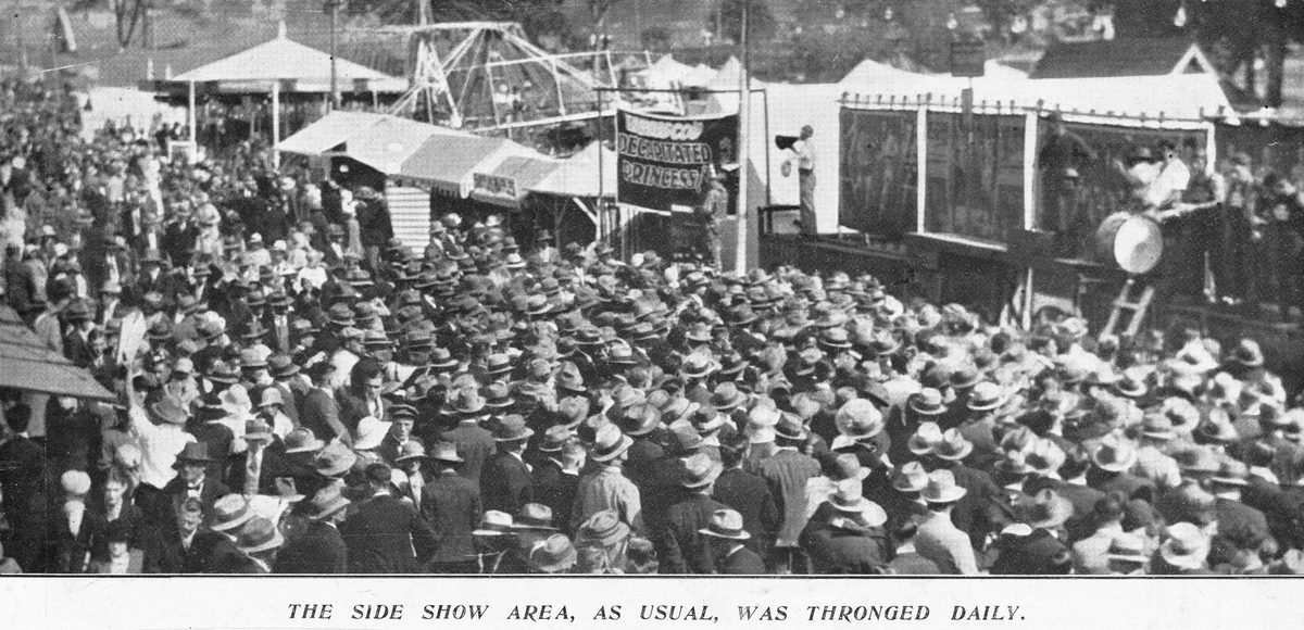 Another busy day in sideshow alley, Brisbane Exhibition Grounds, 1933, Bowen Hills