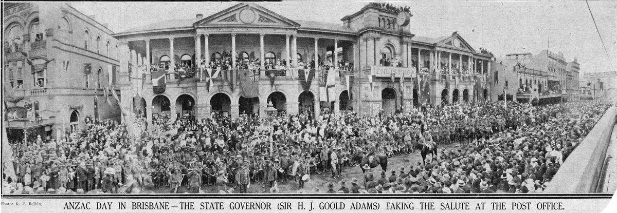 Sir H. J. Goold Adams, the Stae Governor, taking the salute at the post office on Anzac Day, Brisbane, 1916