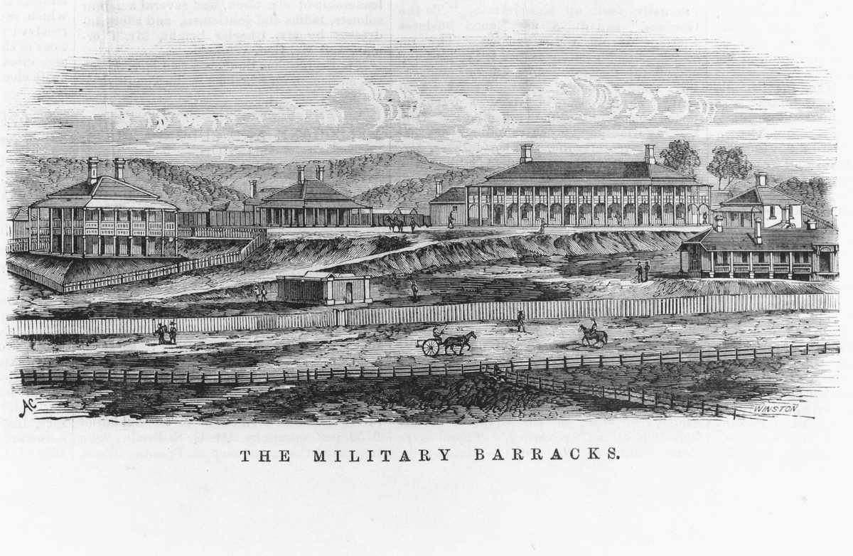 Military barracks, Petrie Terrace, Brisbane, 1872, Brisbane City