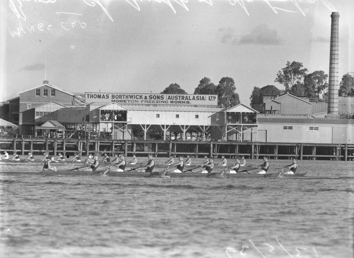 Rowing teams competing in the King's Cup during the Australian Rowing Championships on the Brisbane River, 1939