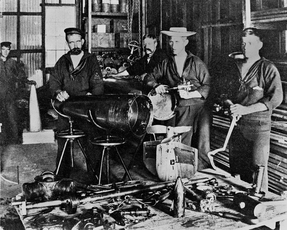 Studying the mechanism of a Whitehead torpedo at the Naval Stores in Brisbane, Queensland 1899, Kangaroo Point