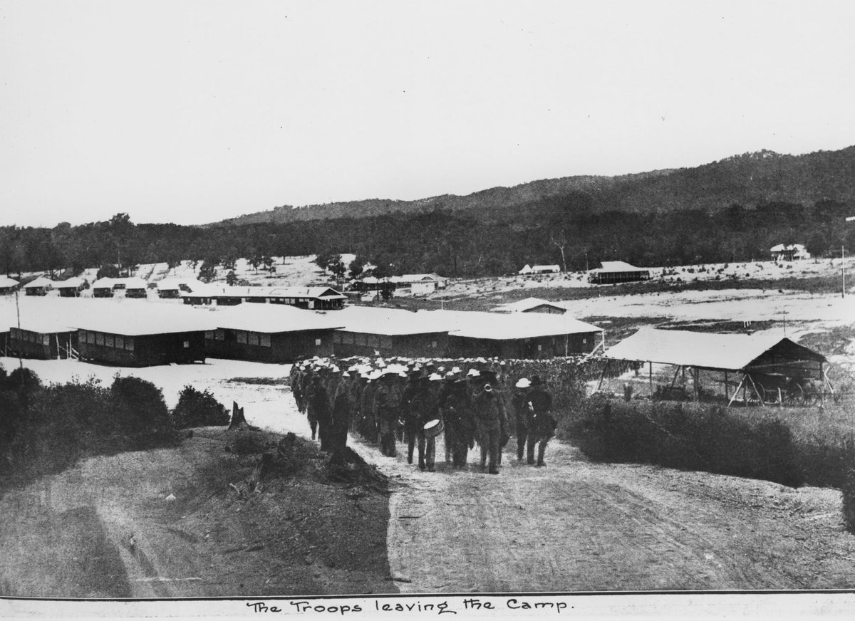 Troops marching out of Fraser's Camp, Enoggera, 1917, Enoggera Military Area