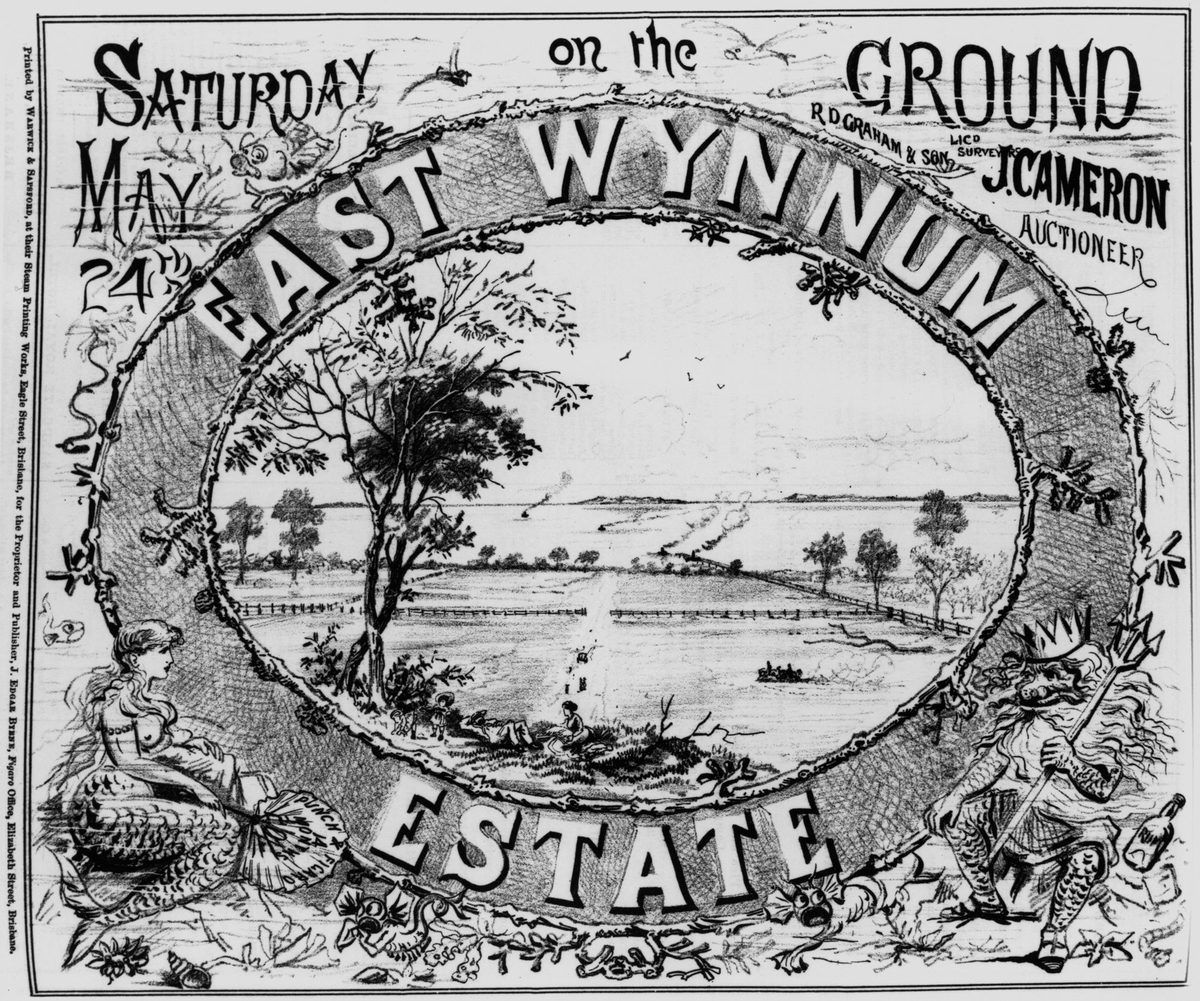 King Neptune and a mermaid decorate an advertisment for a land sale at East Wynnum, 1884