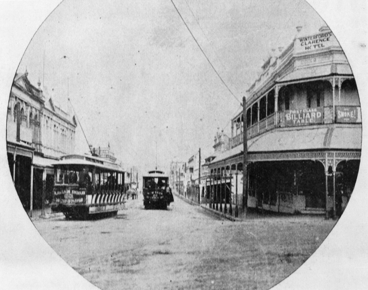 Trams travelling on Stanley Street, Woolloongabba, 1900