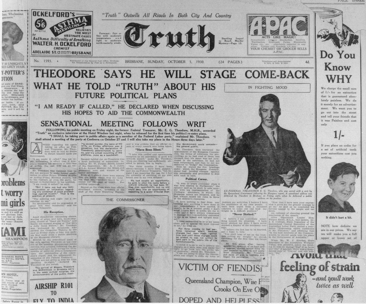 Front page of the Truth newspaper, Brisbane, Sunday 5 October 1930